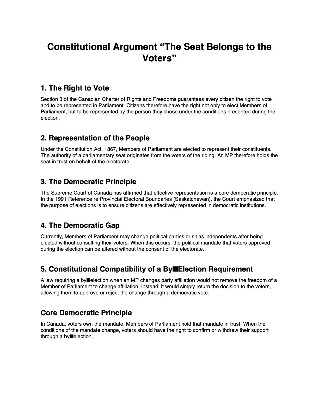 A document titled "Constitutional Argument 'The Seat Belongs to the Voters'" discussing voting rights, representation, democratic principles, the democratic gap, and election requirements in Canada.