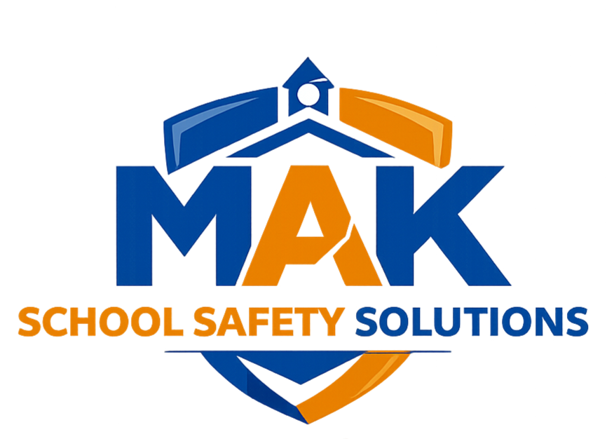 Logo for MAK School Safety Solutions featuring stylized text and a shield emblem with blue and orange colors.