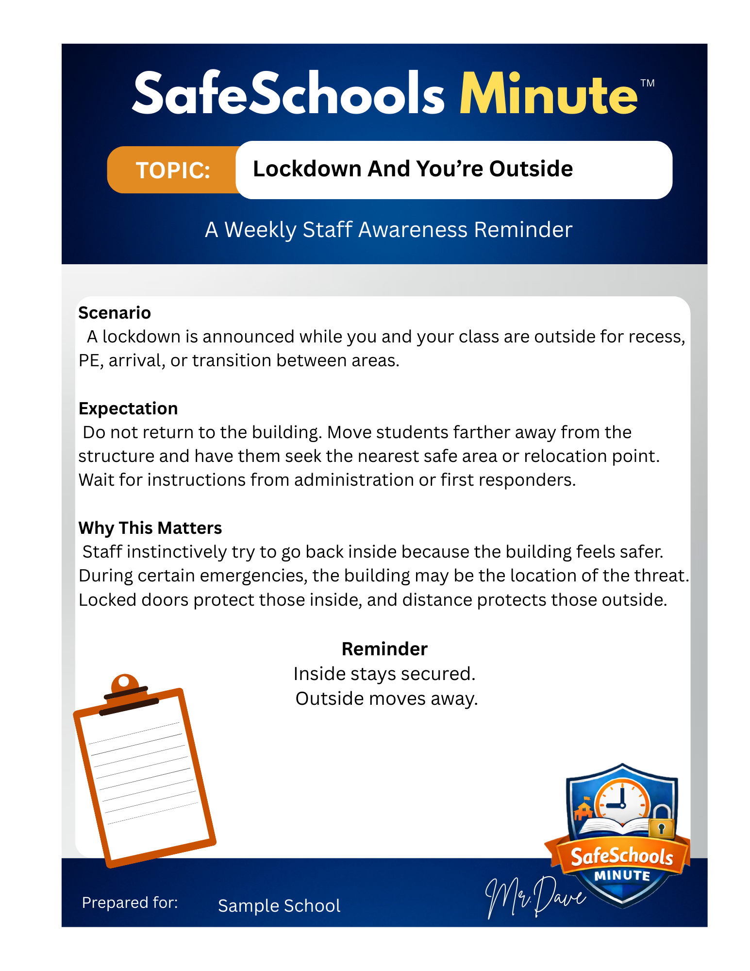 Poster titled 'SafeSchools Minute' with the topic 'Lockdown And You're Outside'. Contains safety instructions and a reminder about staying secured outside during lockdowns. Features a clipboard icon on the bottom left and a school safety emblem on the bottom right.