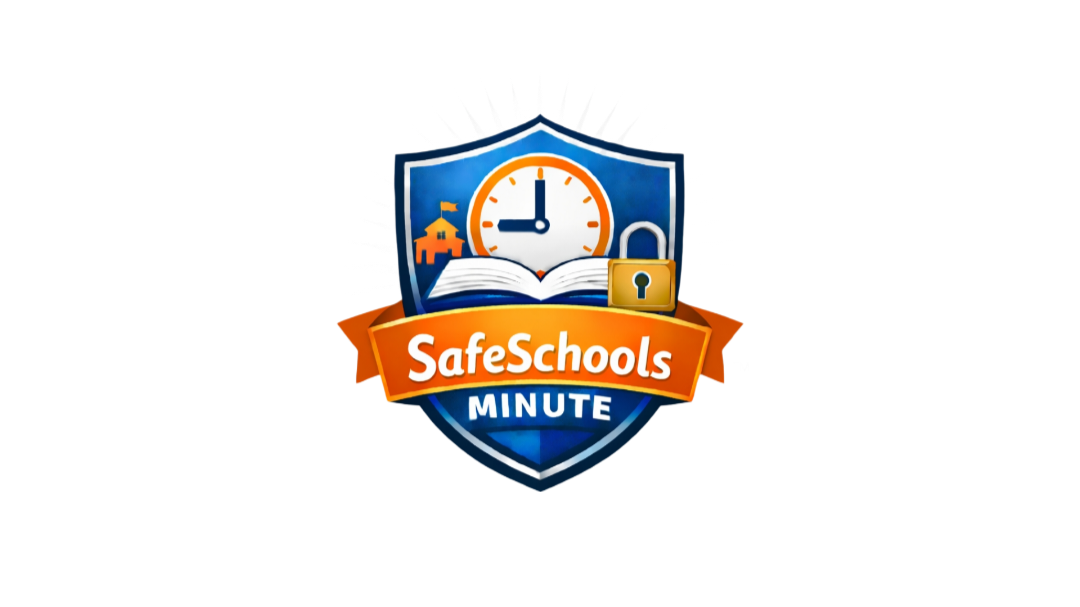 Logo for Safe Schools Minute featuring a shield with a clock, an open book, a lock, and a banner with the text 'Safe Schools' and 'Minute'.