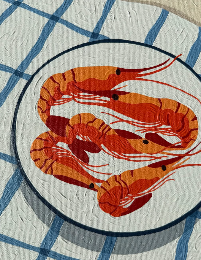 Painting of several cooked shrimp on a white plate with blue checkered tablecloth underneath.