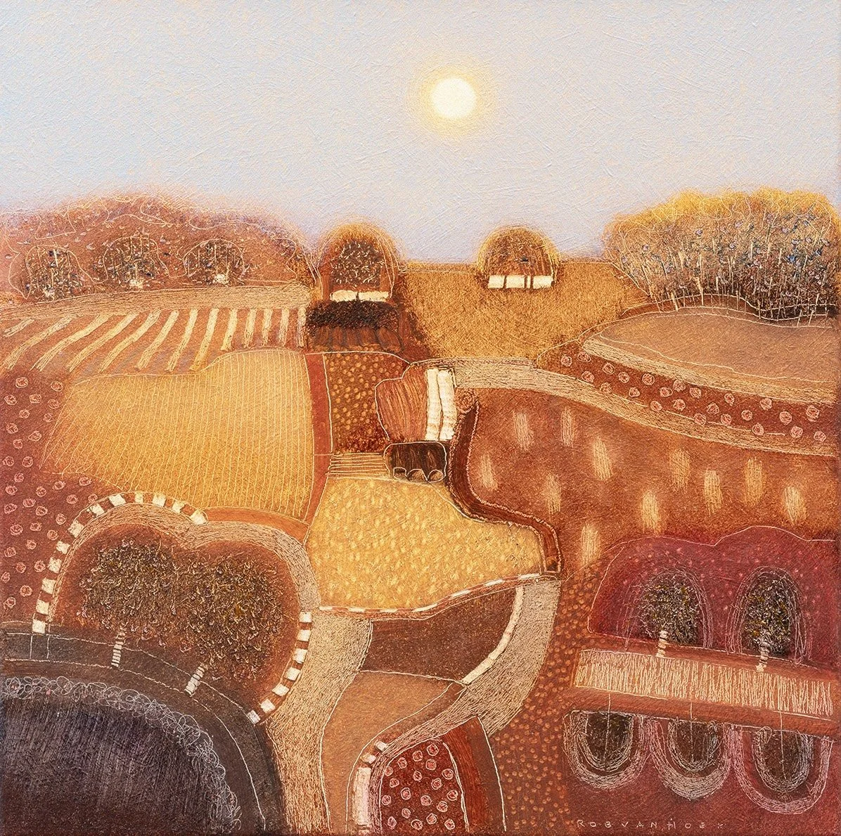 Abstract painting of a landscape with fields, trees, and a sun, rendered in warm earth tones and textured style.