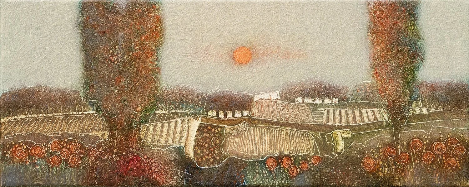 An abstract painting of a sunset over a landscape with trees, fields, and flowers. The sun is orange and setting behind distant hills, with warm tones of orange, red, and green.