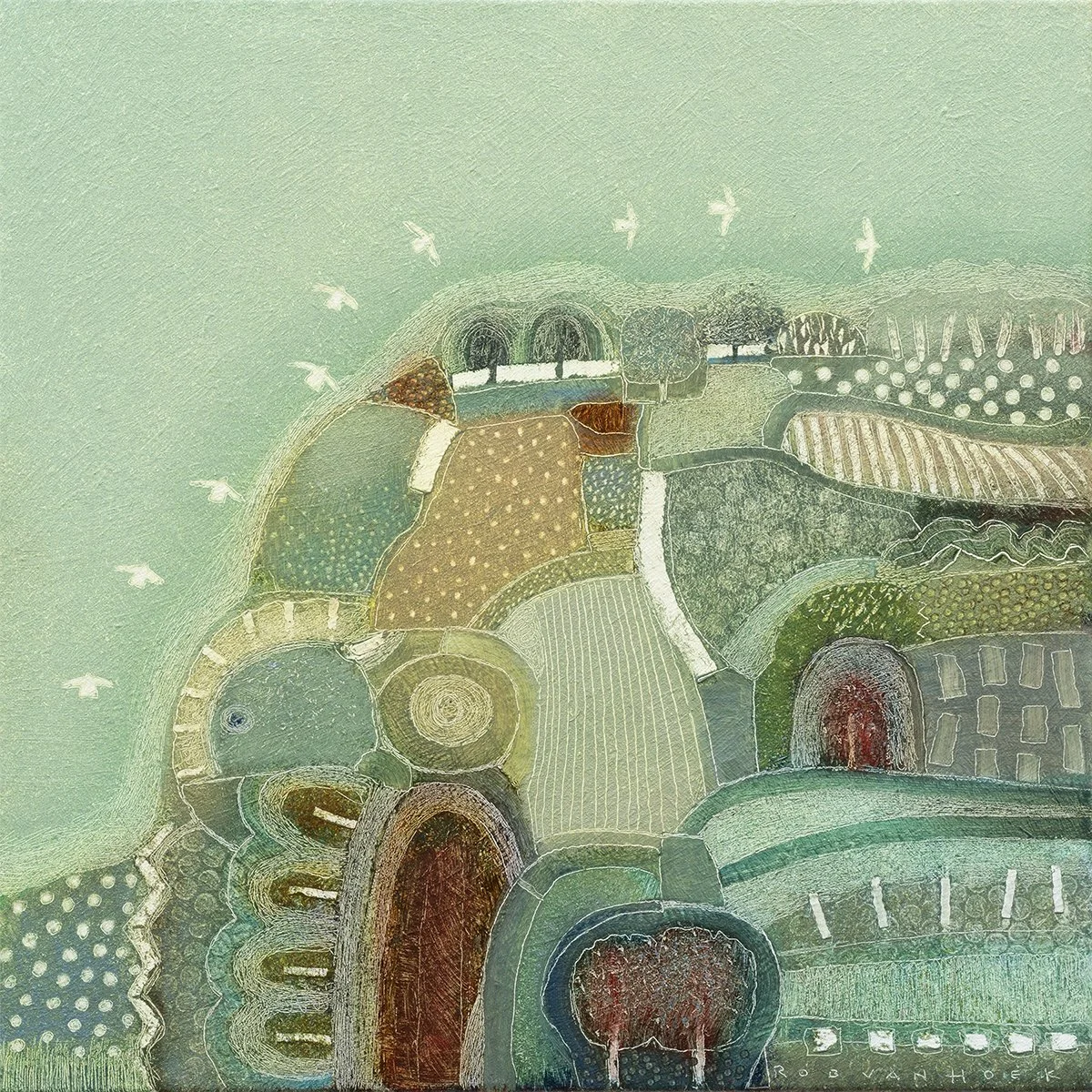 Abstract art depicting a hilly landscape with various patterned sections, a pathway, and birds flying in the sky.