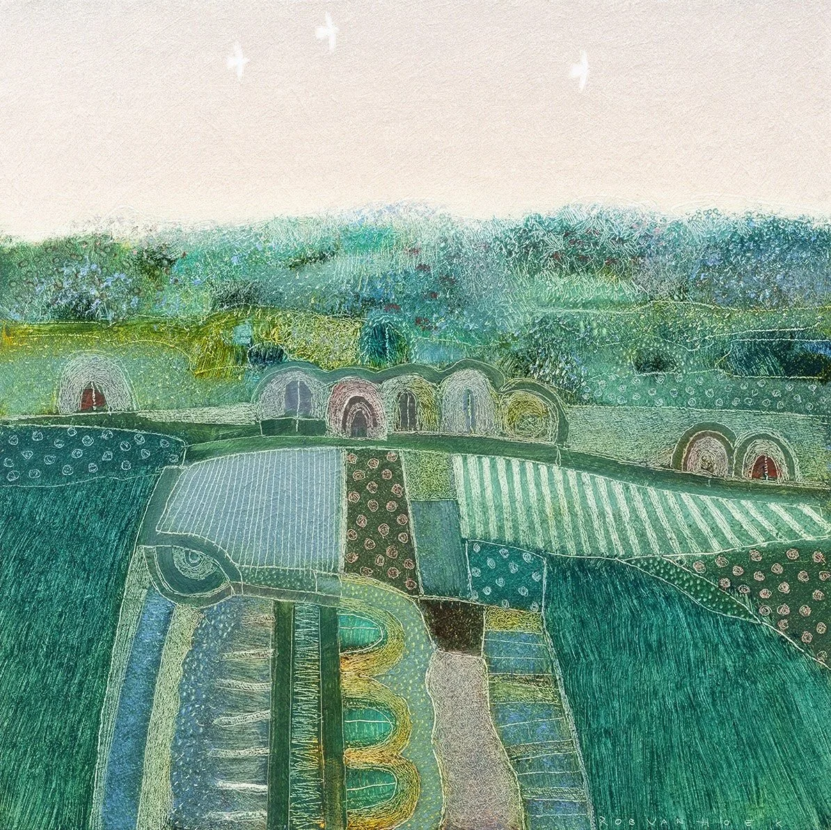 An abstract, colorful landscape painting featuring fields, trees, and hills in shades of green, blue, and yellow with various textures and patterns.