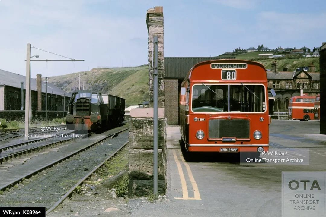 NCB Sentinel 4wDH 10097 alongside Cumberland Motor Services Bristol RELL6L 258 at Whitehaven Docks by W Ryan