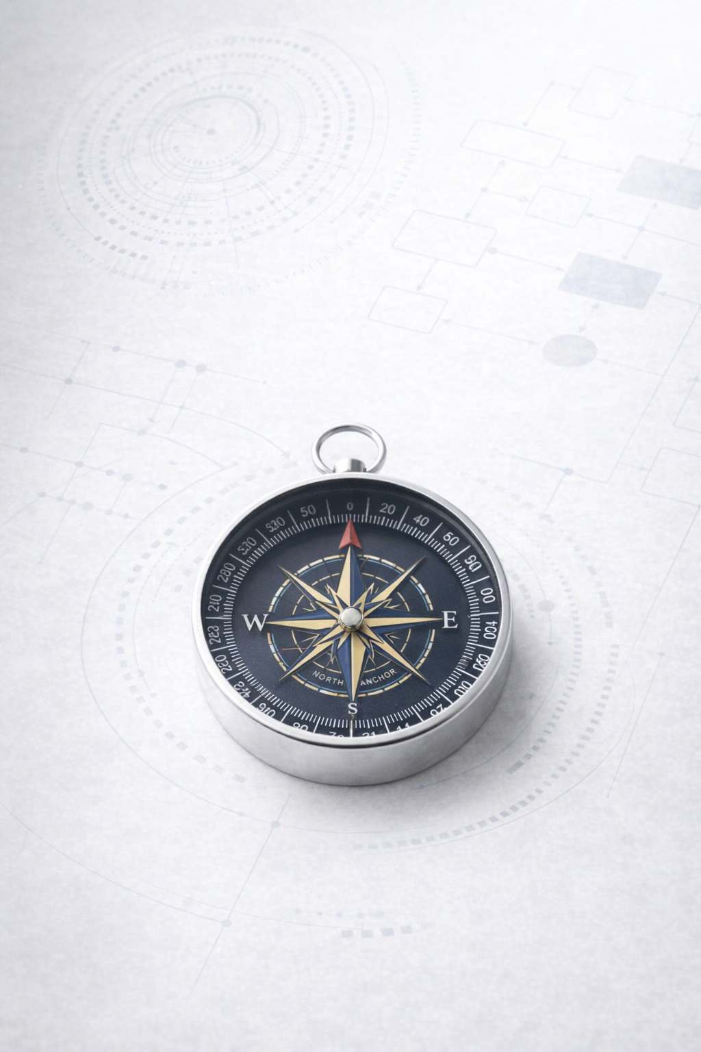A compass with a black face, gold and silver markings, resting on a white surface with faint geometric and technical patterns.