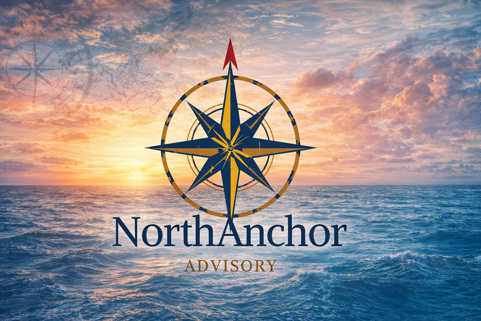 A logo with a nautical compass overlaid on an ocean during sunset. The logo features a large blue and gold compass rose with a red arrow on top. Below the compass, the text reads 'NorthAnchor' in navy blue, with 'ADVISORY' in gold beneath it.