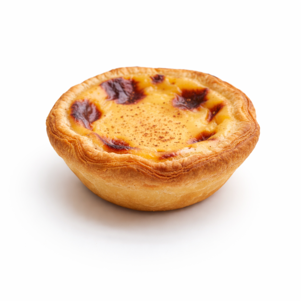 Portuguese egg tart with a flaky crust and custard filling, sprinkled with cinnamon on top.