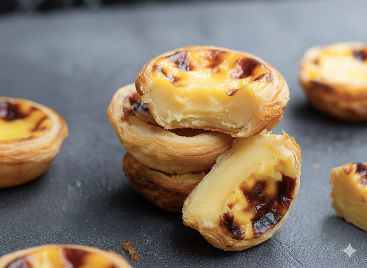 Stack of Portuguese egg tarts with golden pastry crust and creamy custard filling
