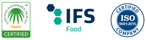 Logos of certification standards including RSPO for sustainable palm oil, IFS Food, and ISO 9001:2015