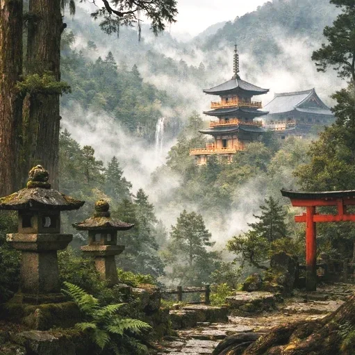A traditional Japanese pagoda nestled among lush green trees and mist, with stone lanterns and a red torii gate in the foreground.