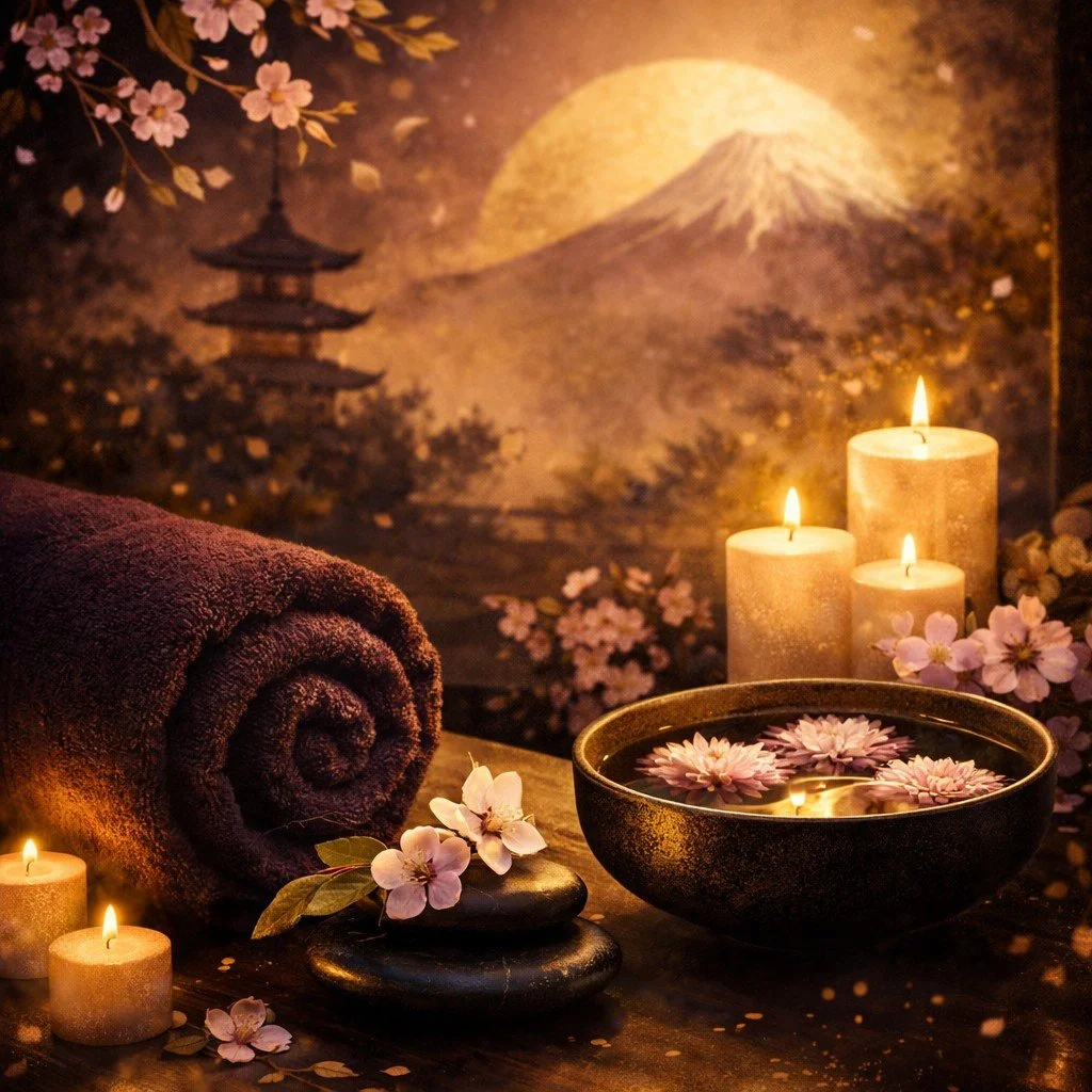 Decorative spa scene with a rolled towel, floating flowers in a bowl of water, lit candles, and a background mural of Mount Fuji, cherry blossoms, a pagoda, and a full moon.