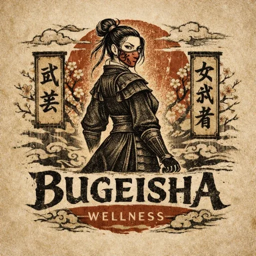 Illustration of a female ninja wearing a black outfit and red face mask, with cherry blossoms and Japanese calligraphy in the background, and the text 'Bugeisha Wellness' at the bottom.