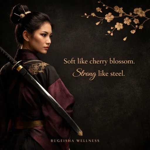 A woman dressed in traditional Japanese clothing holding a katana sword against a dark background with cherry blossom branches in the upper right corner. Text on the right reads, "Soft like cherry blossom. Strong like steel."