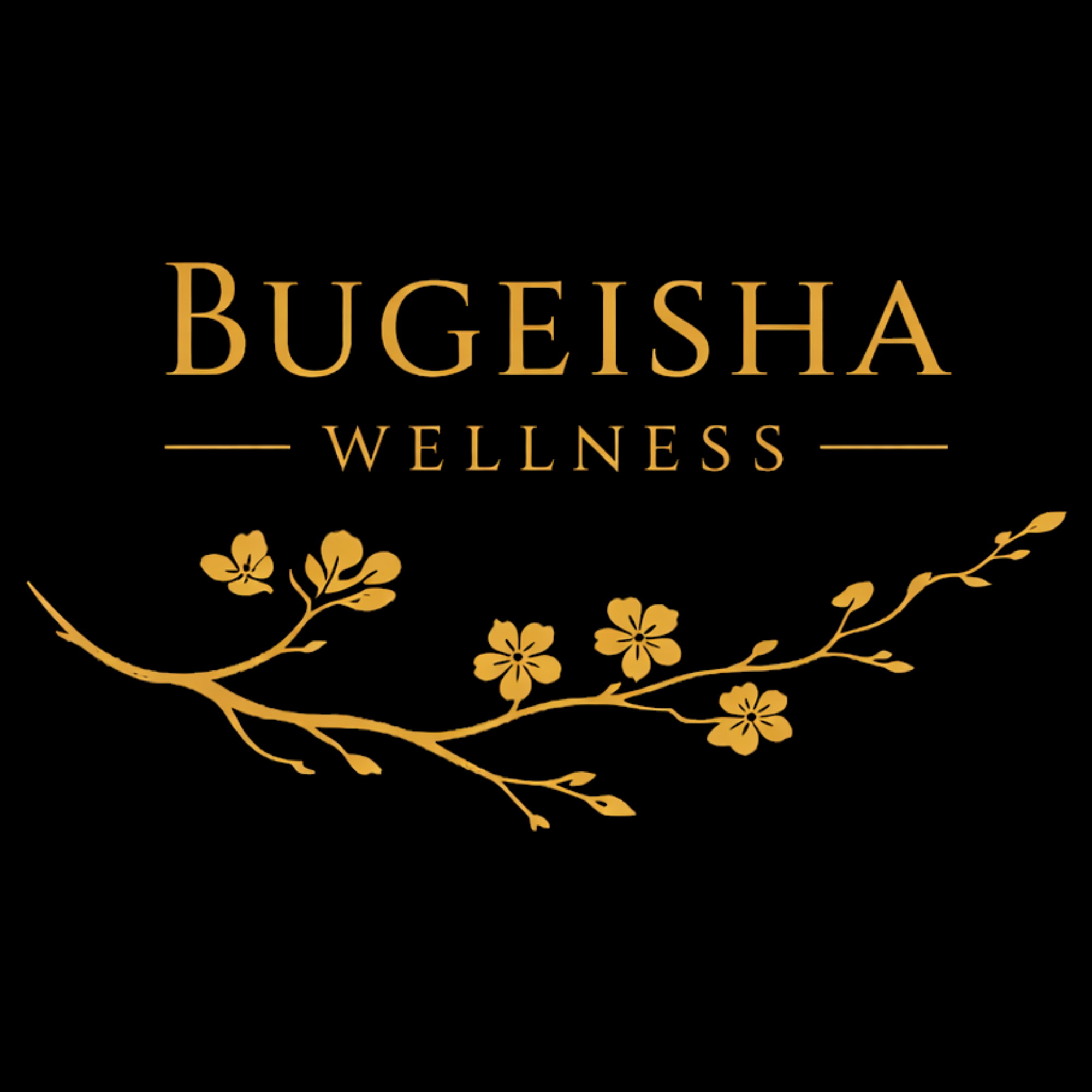 Black background with gold floral design and the text 'Bugeisha Wellness' in gold.
