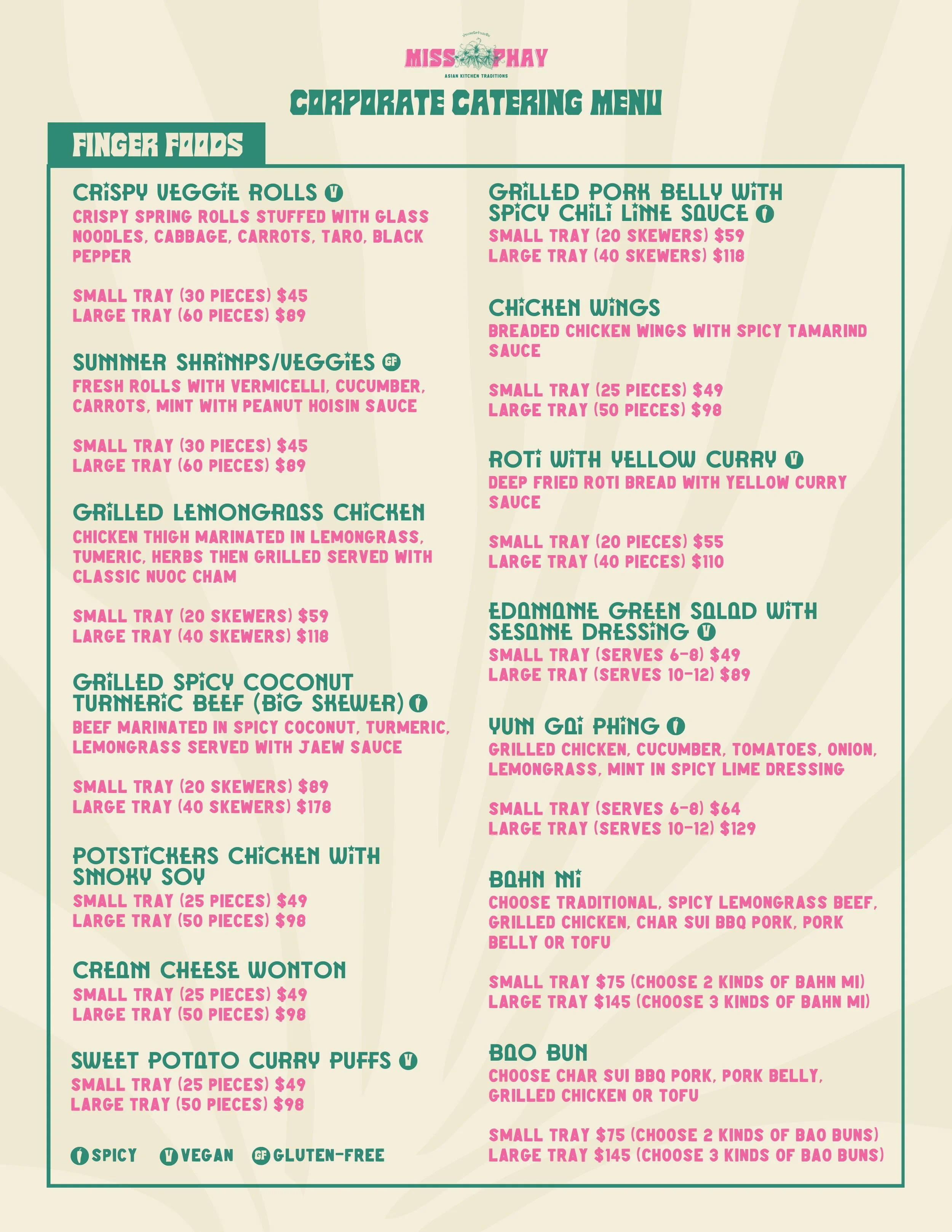 A catering menu from Miss Phay Asian Kitchen Traditions, listing finger foods such as crispy veggie rolls, summer shrimps/veggies, grilled lemongrass chicken, sweet potato curry puffs, cream cheese wontons, grilled pork belly with spicy chili lime sauce, chicken wings, and various baos. Each item includes descriptions and prices for small and large trays, with some marked as vegetarian (V), gluten-free (GF), spicy, vegan, or gluten-free icons.