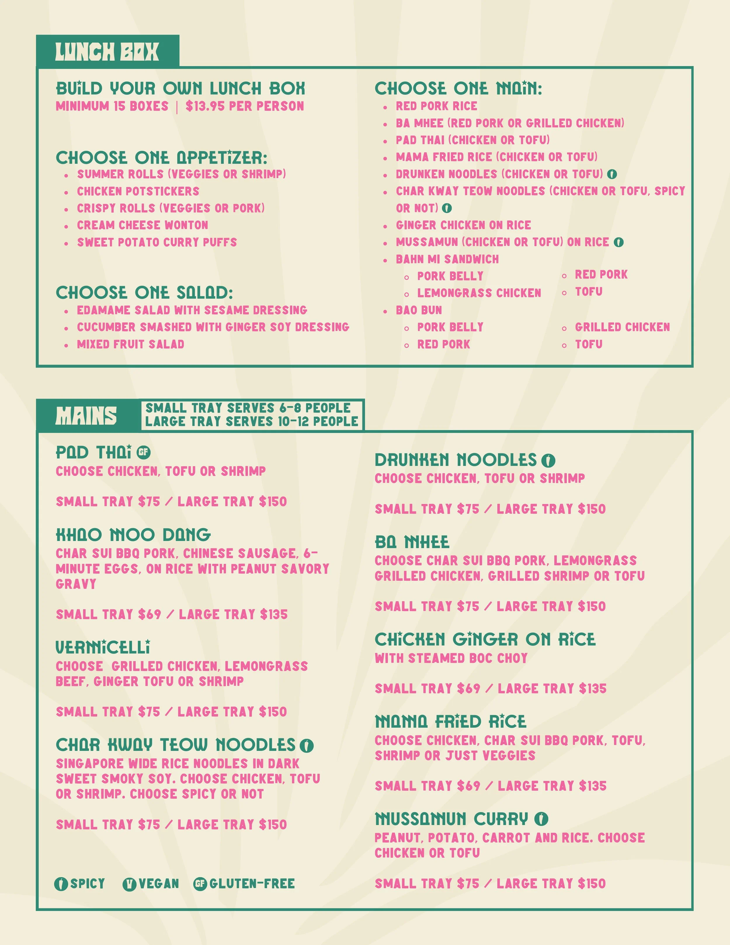 Part of a menu board listing various Asian-inspired lunch options, including build your own lunch box, rice bowls, salads, noodle dishes, fried rice, and curry, with prices and dietary icons for spicy, vegan, and gluten-free choices.