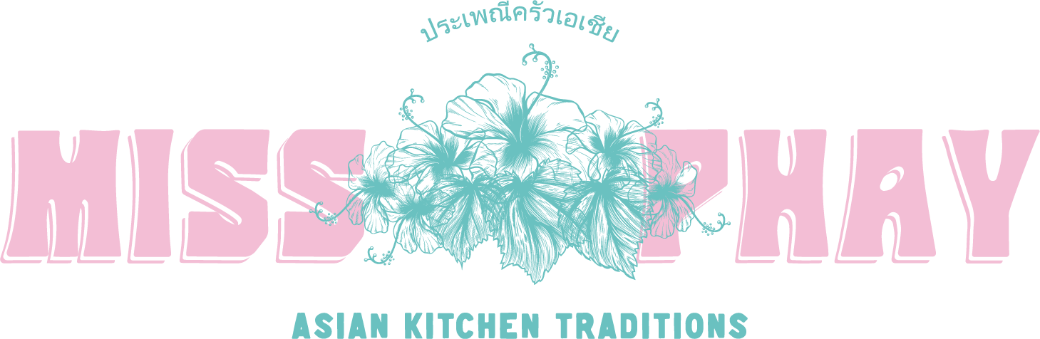A logo for a business named Miss Hue, featuring stylized pink text, a large hibiscus flower illustration, and text indicating 'Asian Kitchen Traditions' and 'ประเทศไทยครัวเอเชีย' in Thai script.