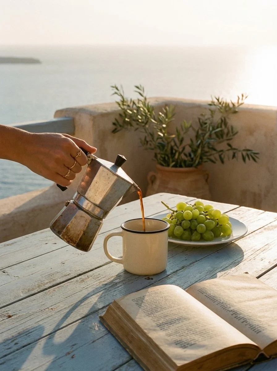 Person pouring coffee from a moka pot into a white mug on a rustic white wooden table outdoors with a view of the sea, grapes on a plate, an open book, a potted plant, and a rocky coastal landscape in the background.