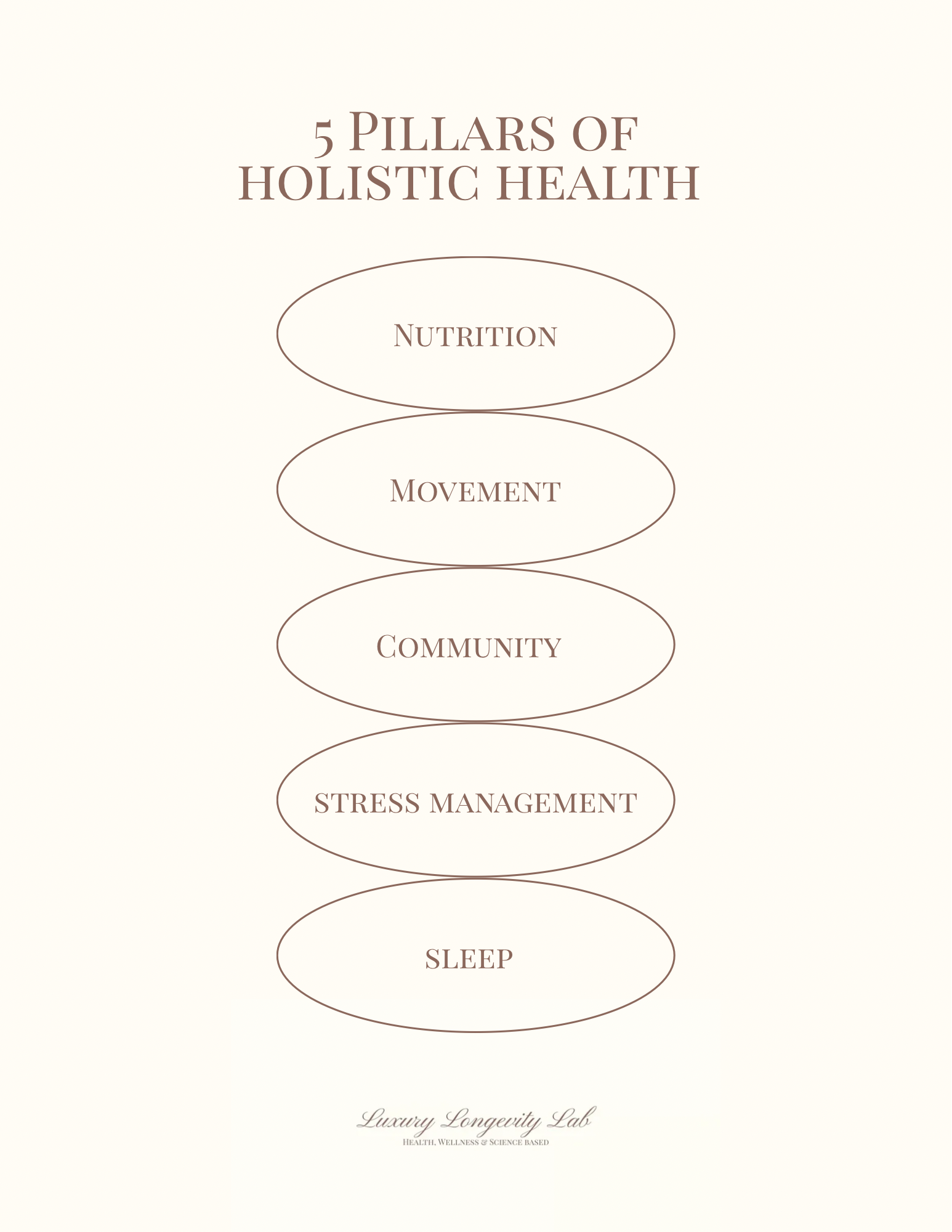 A diagram titled '5 Pillars of Holistic Health' listing Nutrition, Movement, Community, Stress Management, and Sleep, with the phrase 'Luxury Longevity Lab' at the bottom.