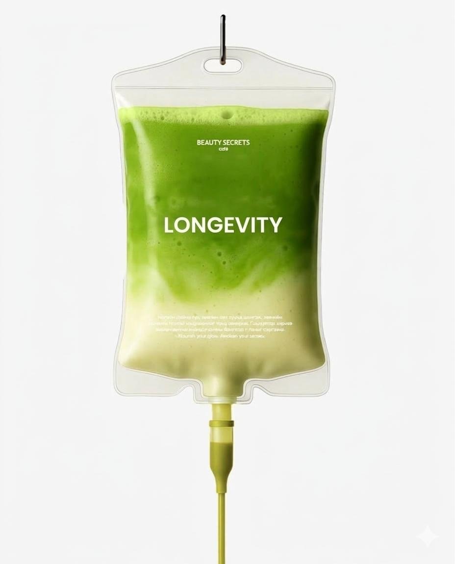 An IV drip filled with a green liquid labeled 'LONGEVITY,' hanging against a plain white background.