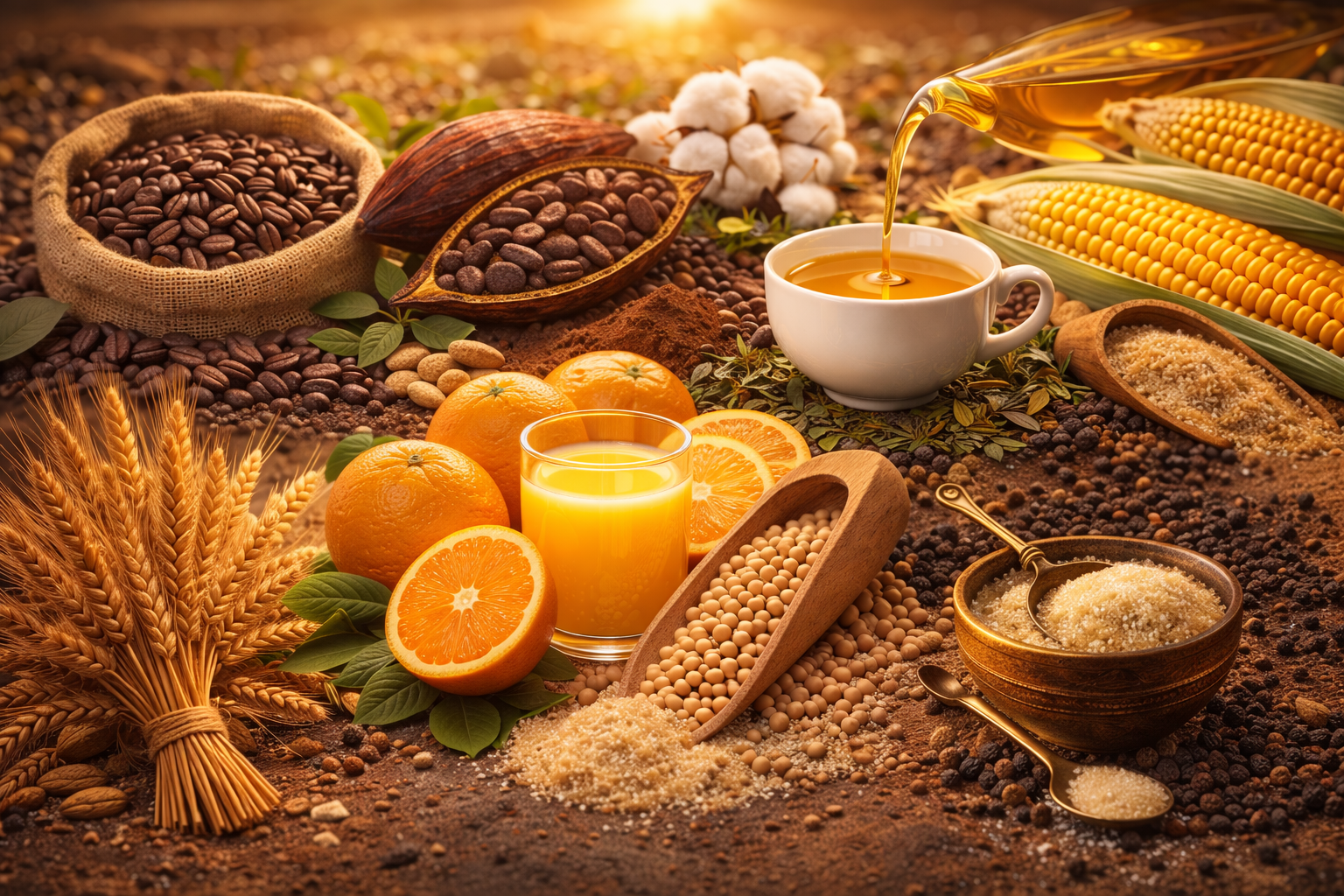 Display of traded commodities including grains, corn, soybeans, coffee, and citrus on a rustic background