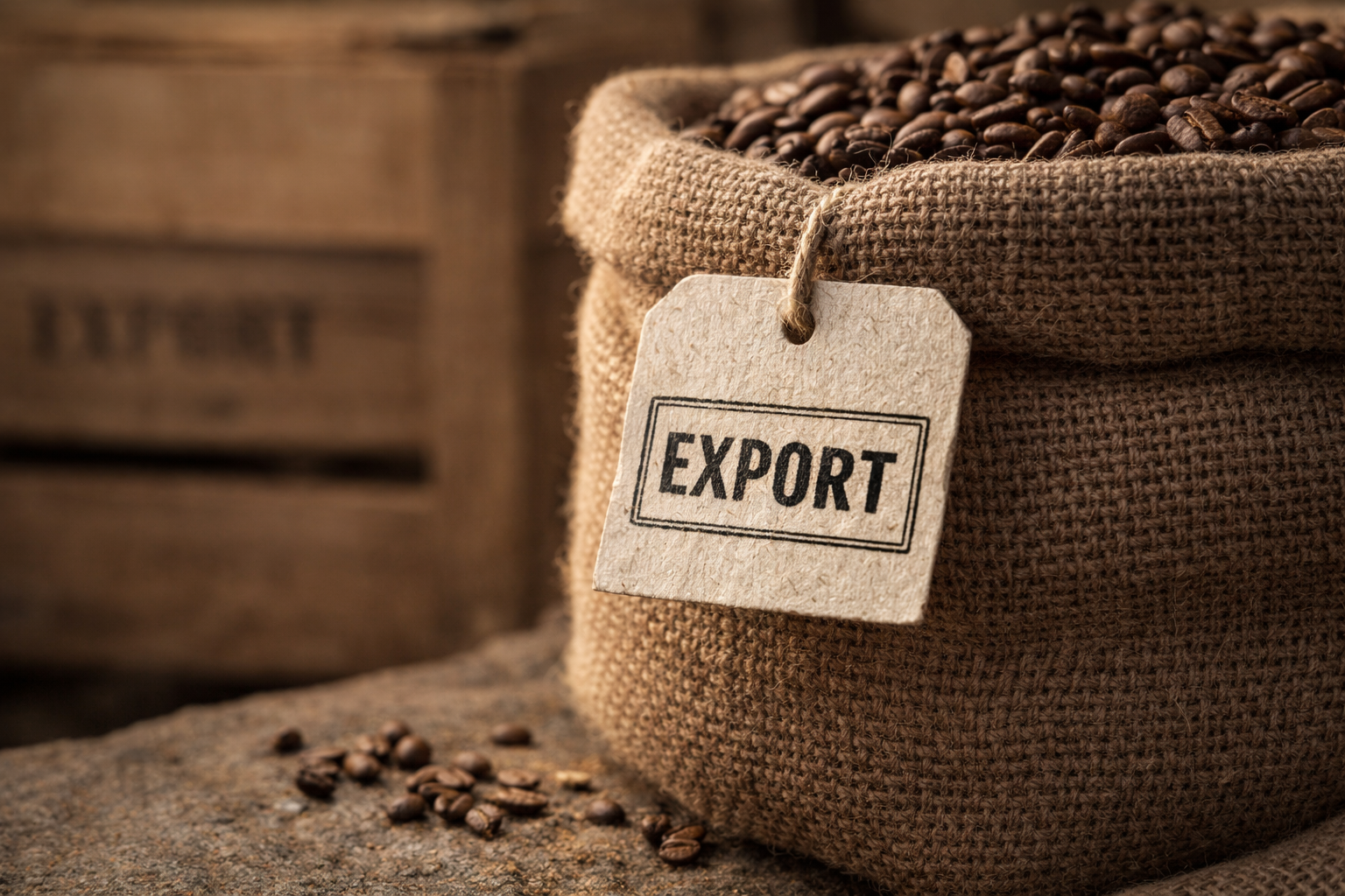 A burlap sack of coffee beans with an 'Export' tag, representing Calyx Softs Tier 2 Expansion Partner services