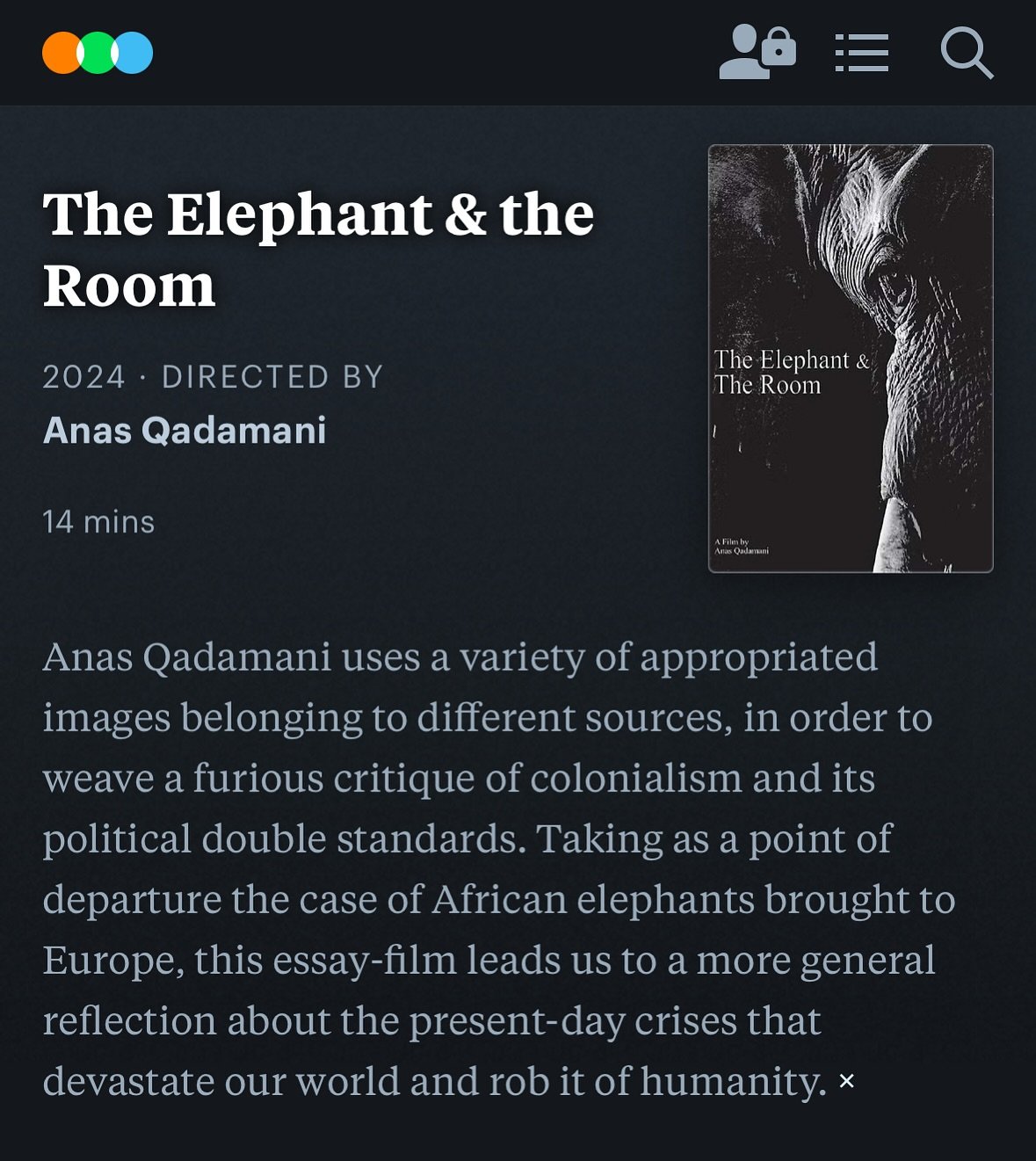 Just found out The Elephant &amp; The Room is on Letterboxd, and kind strangers have taken the time to write reviews.
Glad to see the film making an impact, again and again.
If you had the chance to watch it, go share your thoughts! I&rsquo;d love to