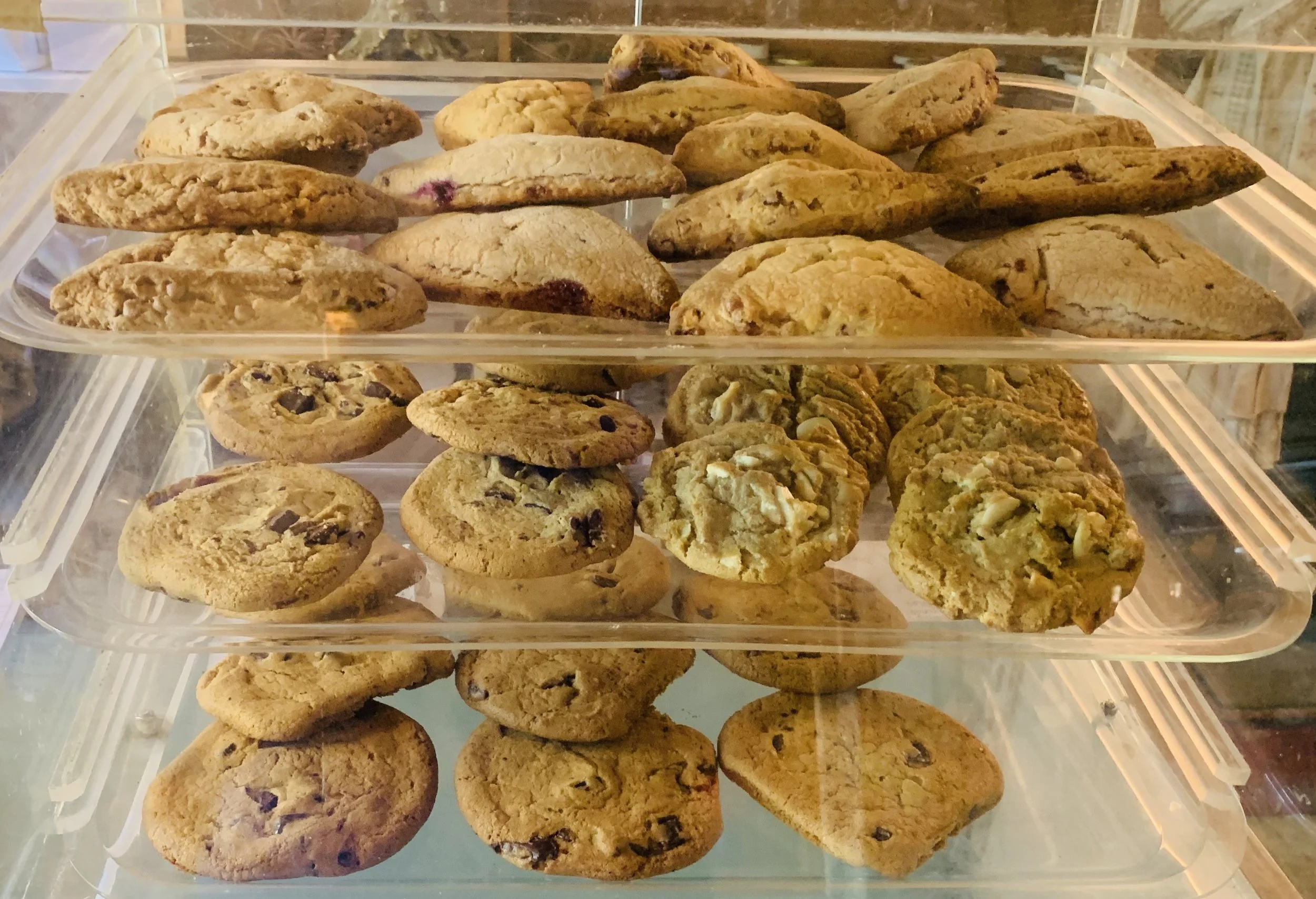 A display case filled with various cookies, including chocolate chip, oatmeal, and assorted cookies in a bakery or cafe setting.