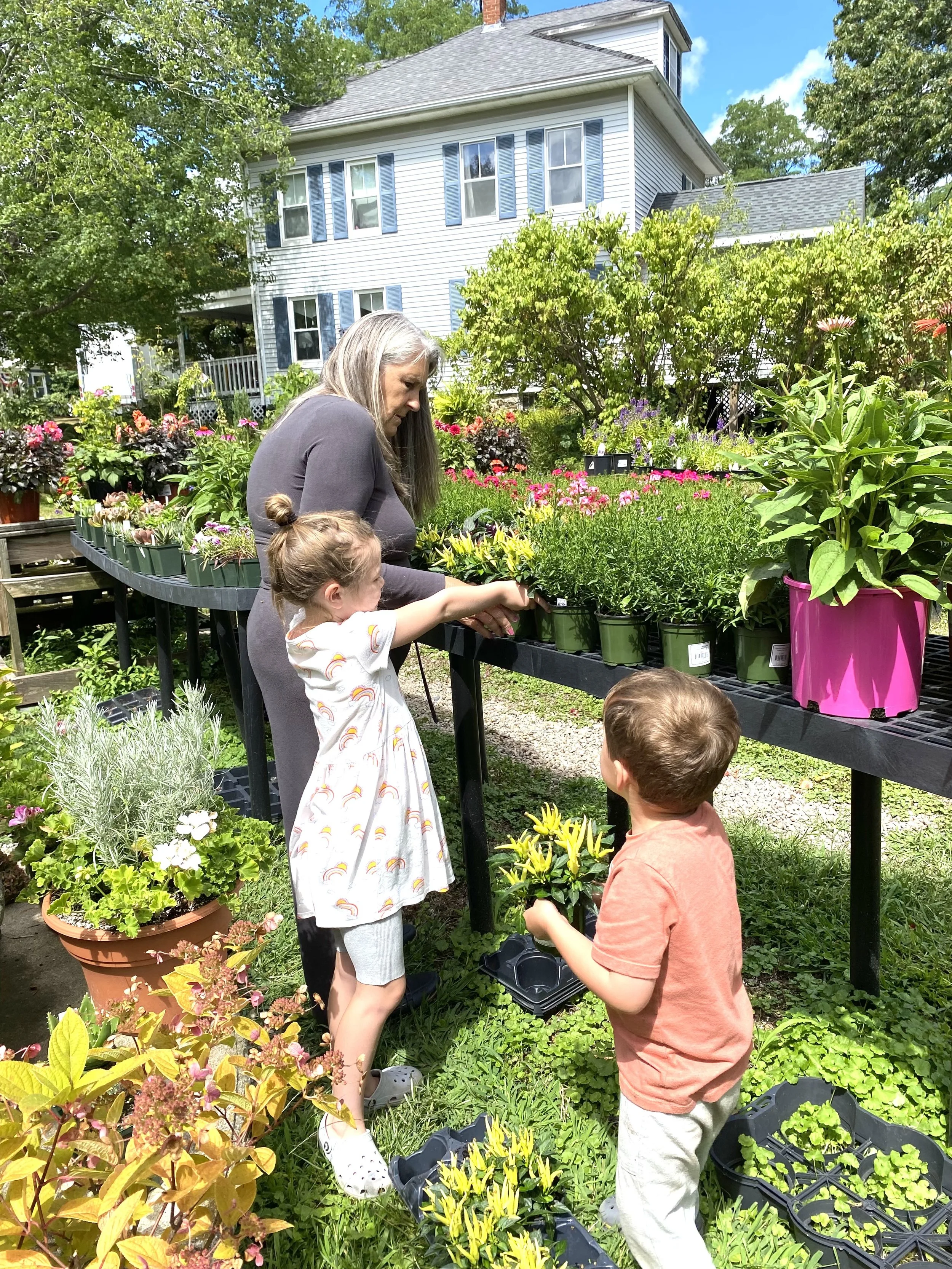 A woman and two children at a garden center with potted plants and flowers on display. The woman and girl are reaching for a plant, while the boy holds a plant in his hands. Behind them is a white house with multiple windows and a lush garden.