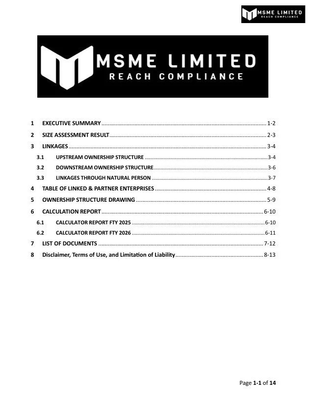 Cover page of a document titled 'MSME LIMITED REACH COMPLIANCE' with a logo of a stylized 'M' and 'L'. The document includes sections such as Executive Summary, Size Assessment Result, Linkages, Table of Linked & Partner Enterprises, Ownership Structure Drawing, Calculation Report, List of Documents, and Disclaimer.