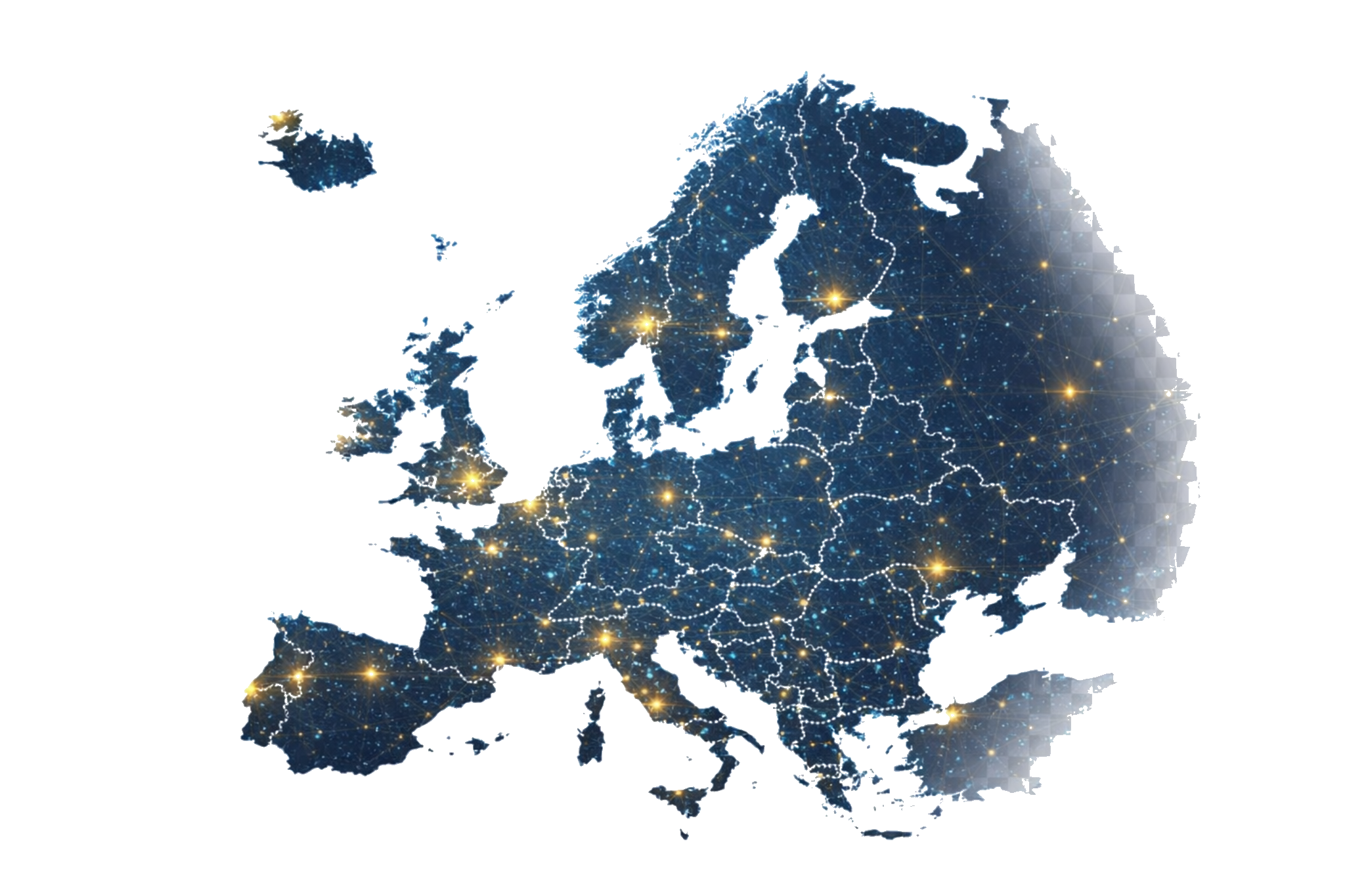 Nighttime map of Europe showing illuminated countries and a network of digital connections.