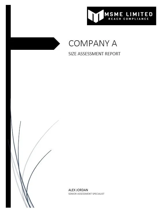 Cover page of a size assessment report for Company A, prepared by Alex Jordan, Senior Assessment Specialist, from MS ME Limited, with a black and white design and a company logo at the top right corner.