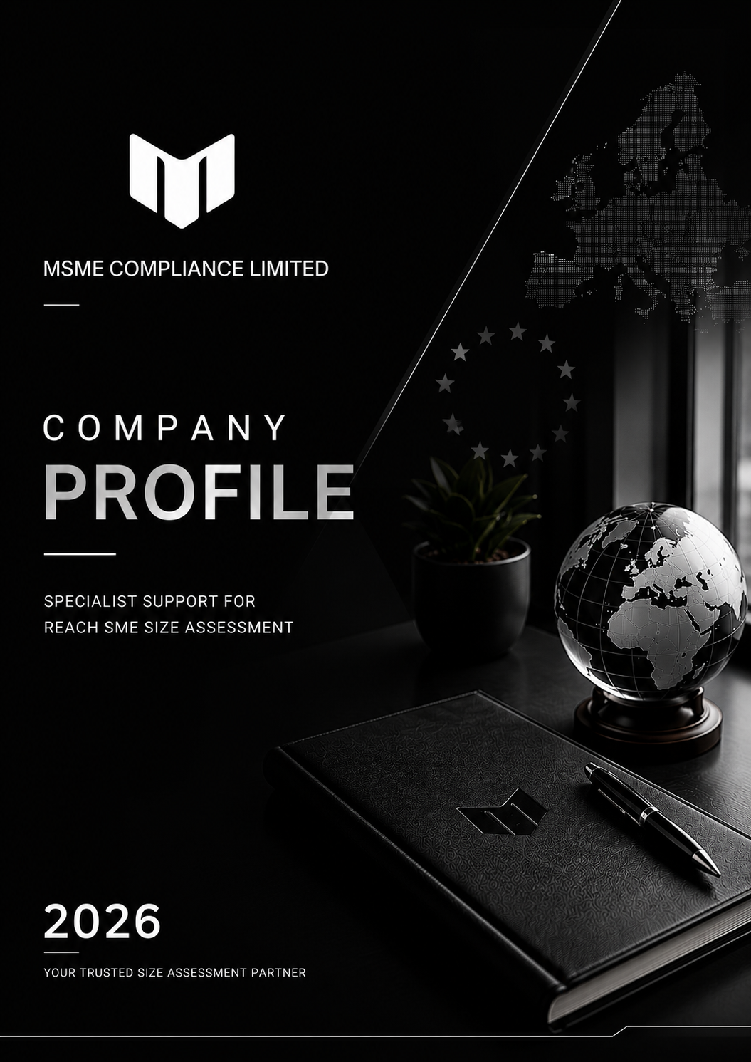 Cover page of a company profile document with the title 'Company Profile' for MSME Compliance Limited, featuring a globe, plant, pen, and a notepad on a desk with a dark background.