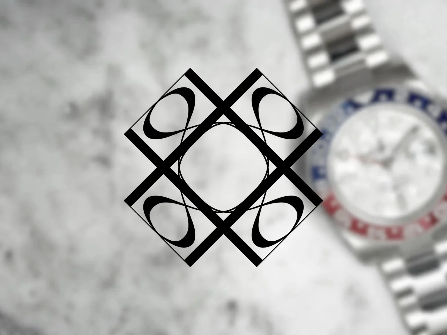 A close-up photograph of a partially visible face of a wristwatch with a metal band, lying on a gray textured surface. The image also features a black, intricate, geometrical overlay with overlapping squares and curves, centered on the picture.