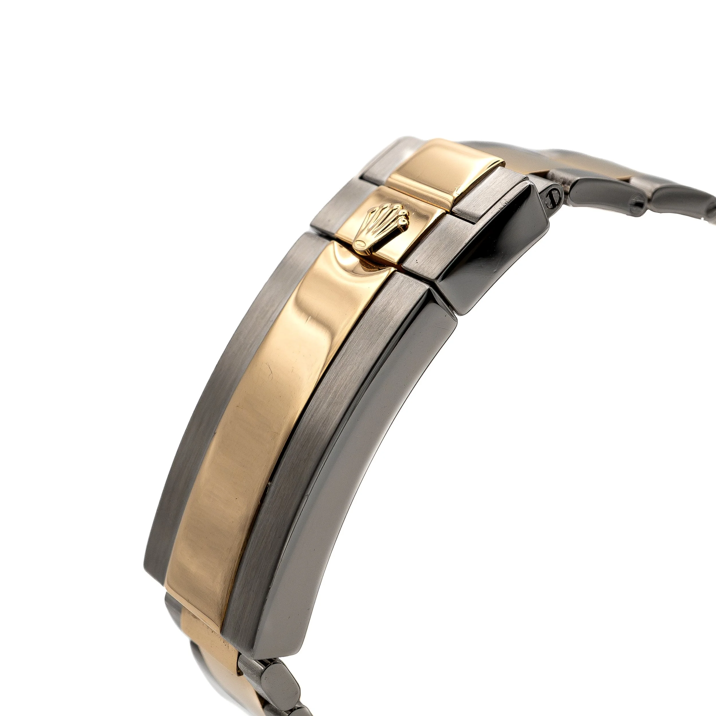 Close-up of a two-tone metal Rolex watch bracelet with gold and steel links.