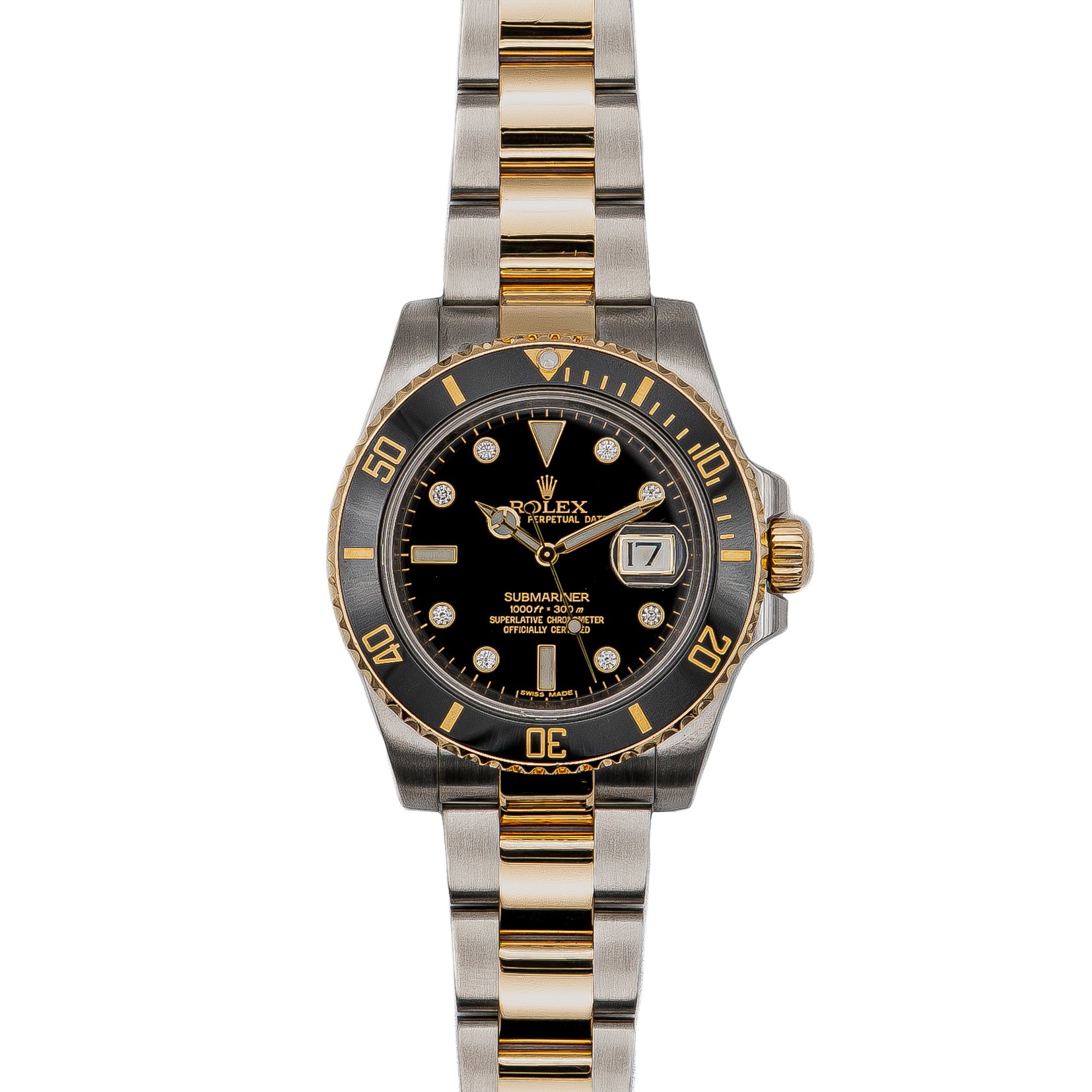 A Rolex Submariner wristwatch with a black dial, diamond hour markers, gold and stainless steel bracelet, and a rotating bezel.