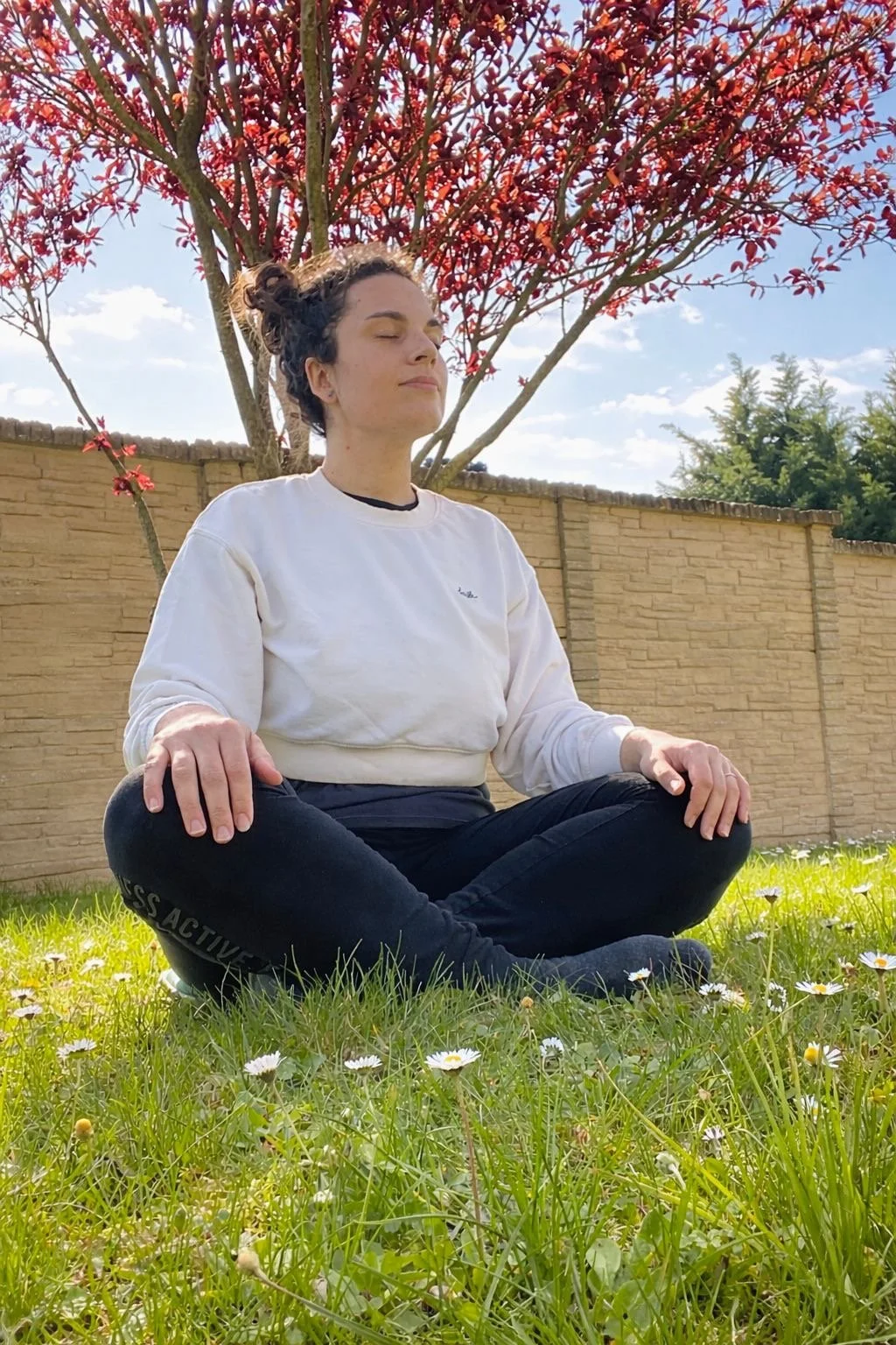 Femme méditant en tailleur dans un jardin avec herbe, fleurs et un arbre aux feuilles rouges sous un ciel bleu avec quelques nuages.