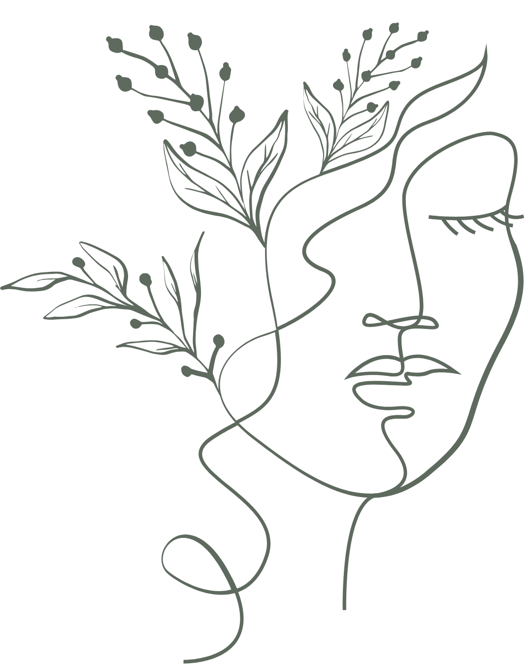 Illustration minimaliste d'un visage féminin stylisé en lignes continues, avec des branches de feuilles et de petites fleurs intégrées dans le design, sur un fond noir.