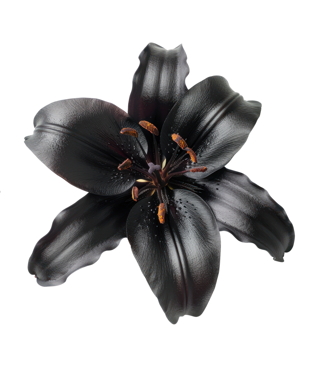A black lily flower with dark petals and orange-tipped stamen isolated on a black background.