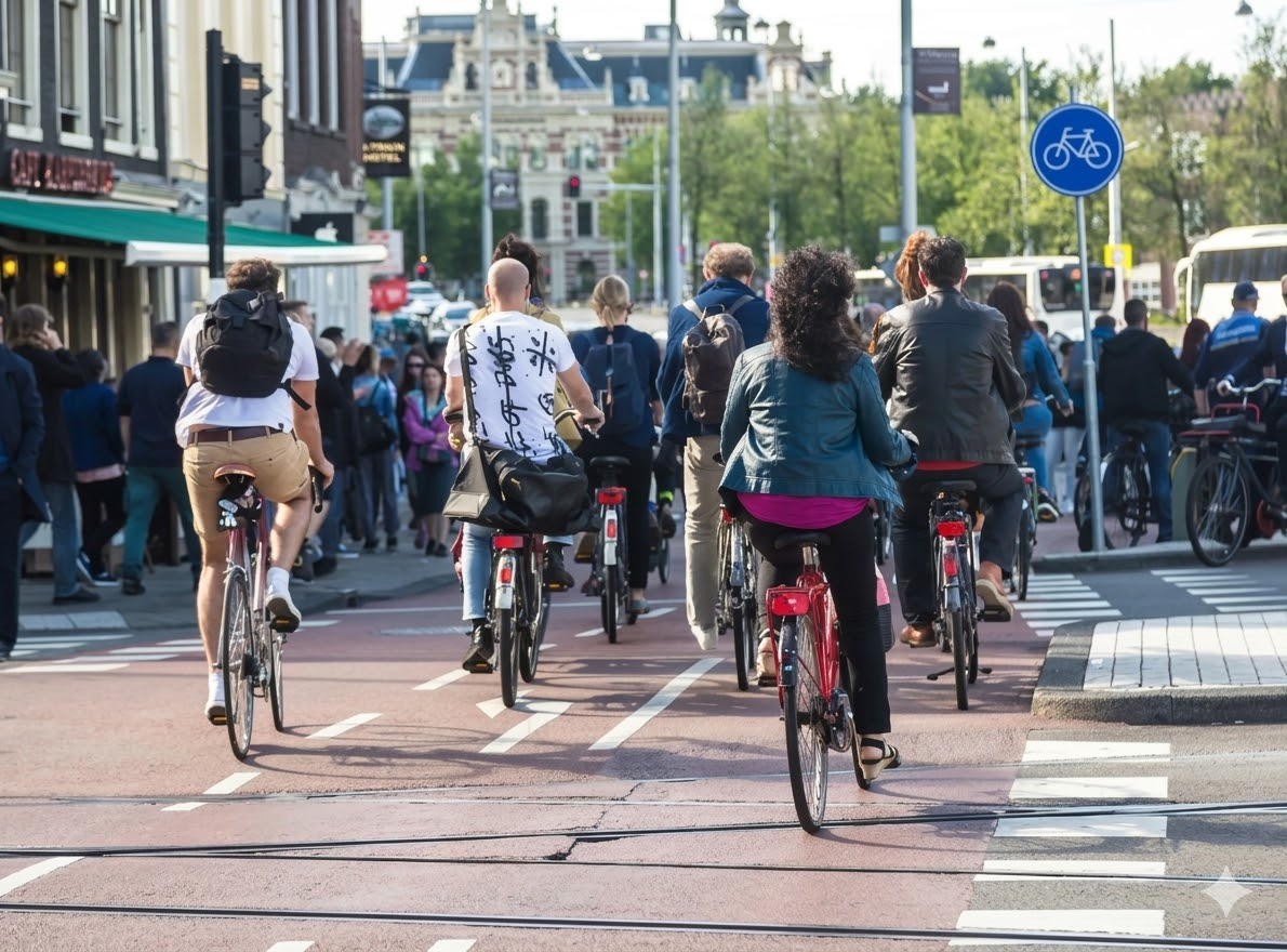 People riding bicycles through a city crosswalk with pedestrians walking ahead, traffic lights, and a blue bicycle lane sign.