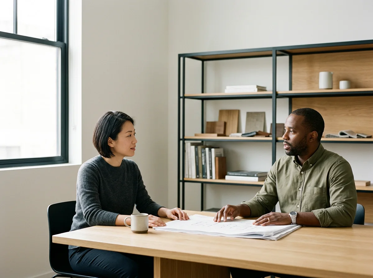 A woman and a man having a conversation at a desk in an office, with a window to the left and shelving with books and decor behind them.