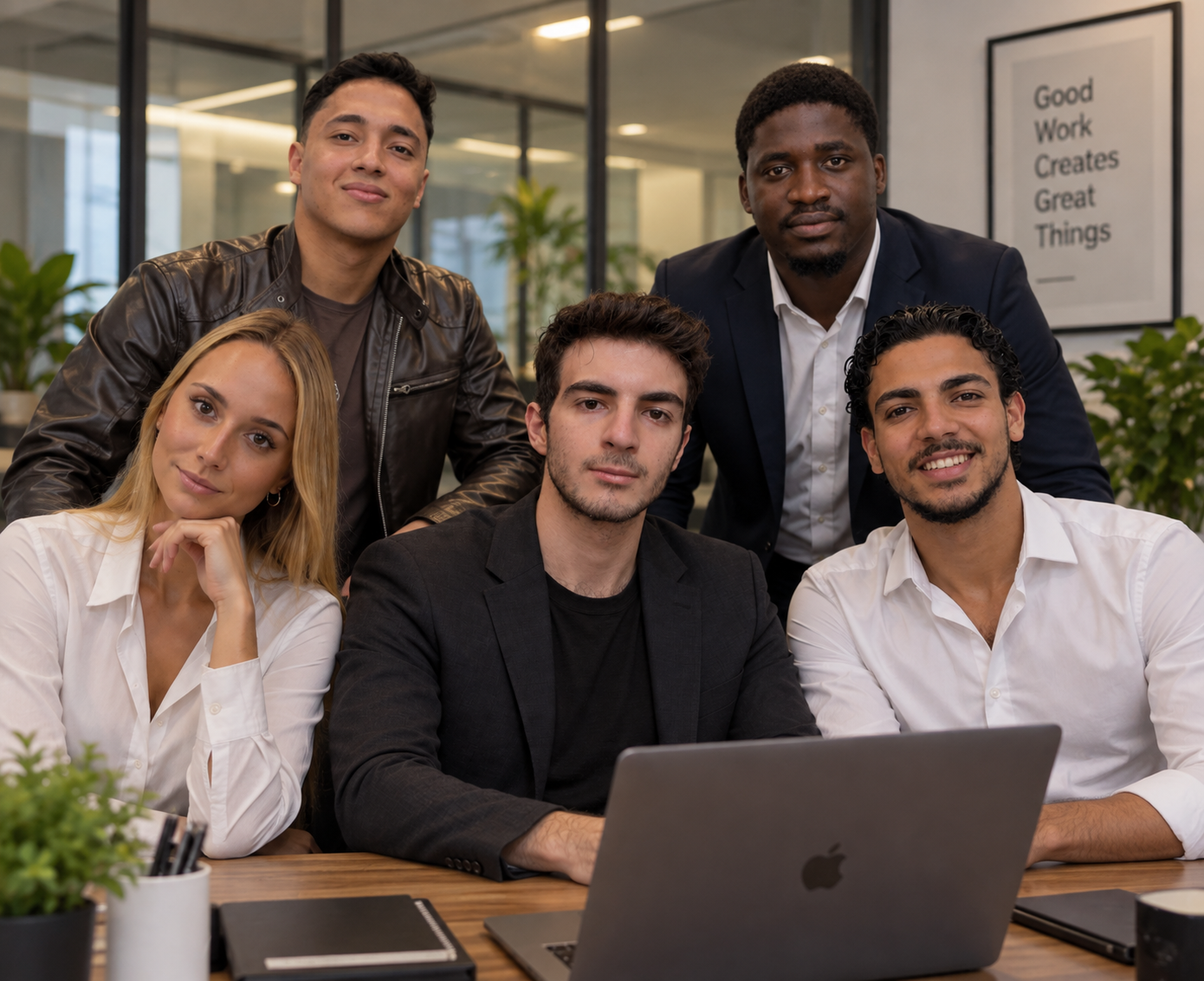 Group of five diverse professionals in a modern office, some sitting at a desk with a laptop and others standing behind, smiling for the photo.