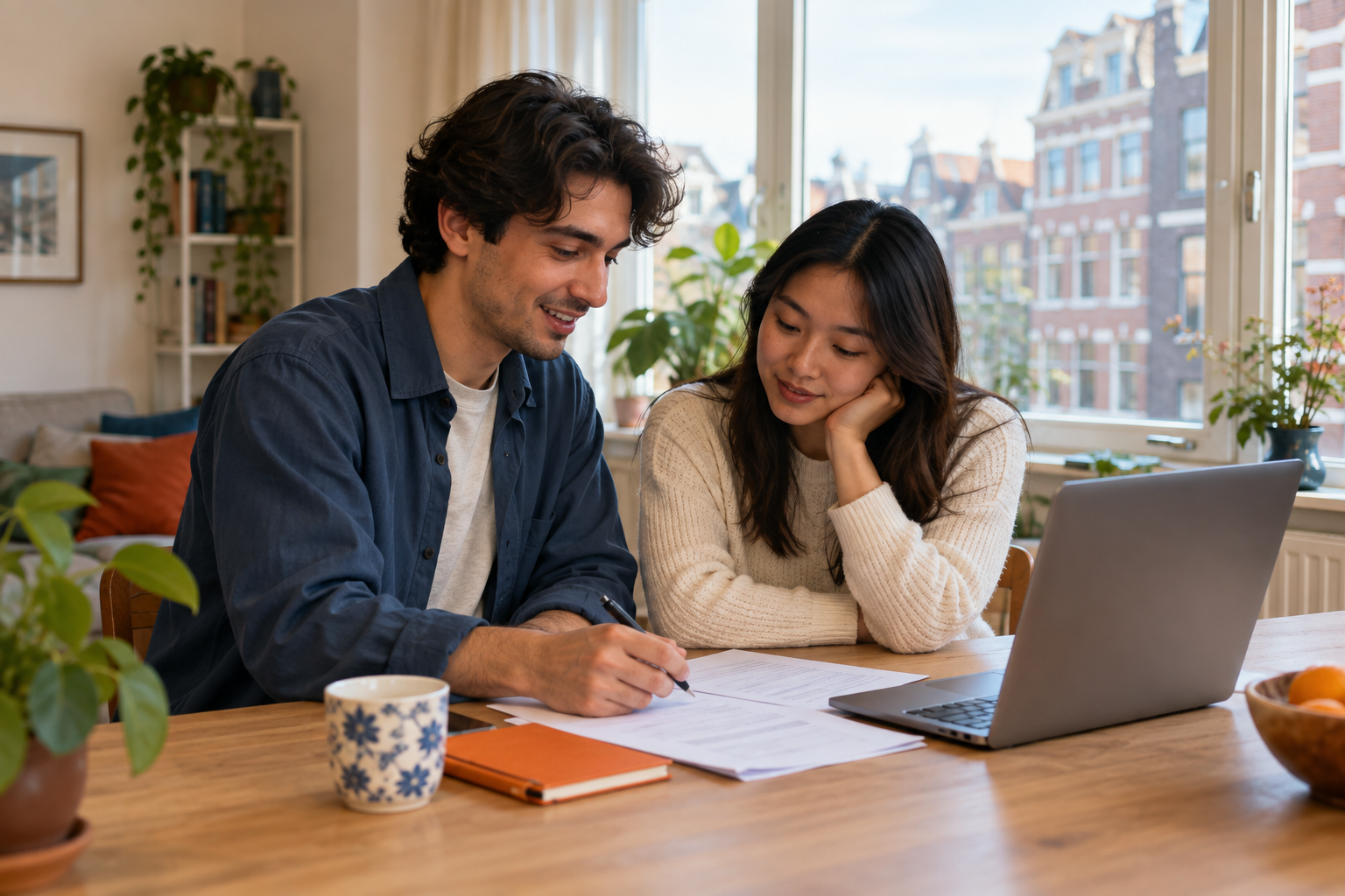 A man and woman sitting at a wooden table working together on documents, with a laptop and a cup on the table, in a bright room with large windows and city buildings outside.