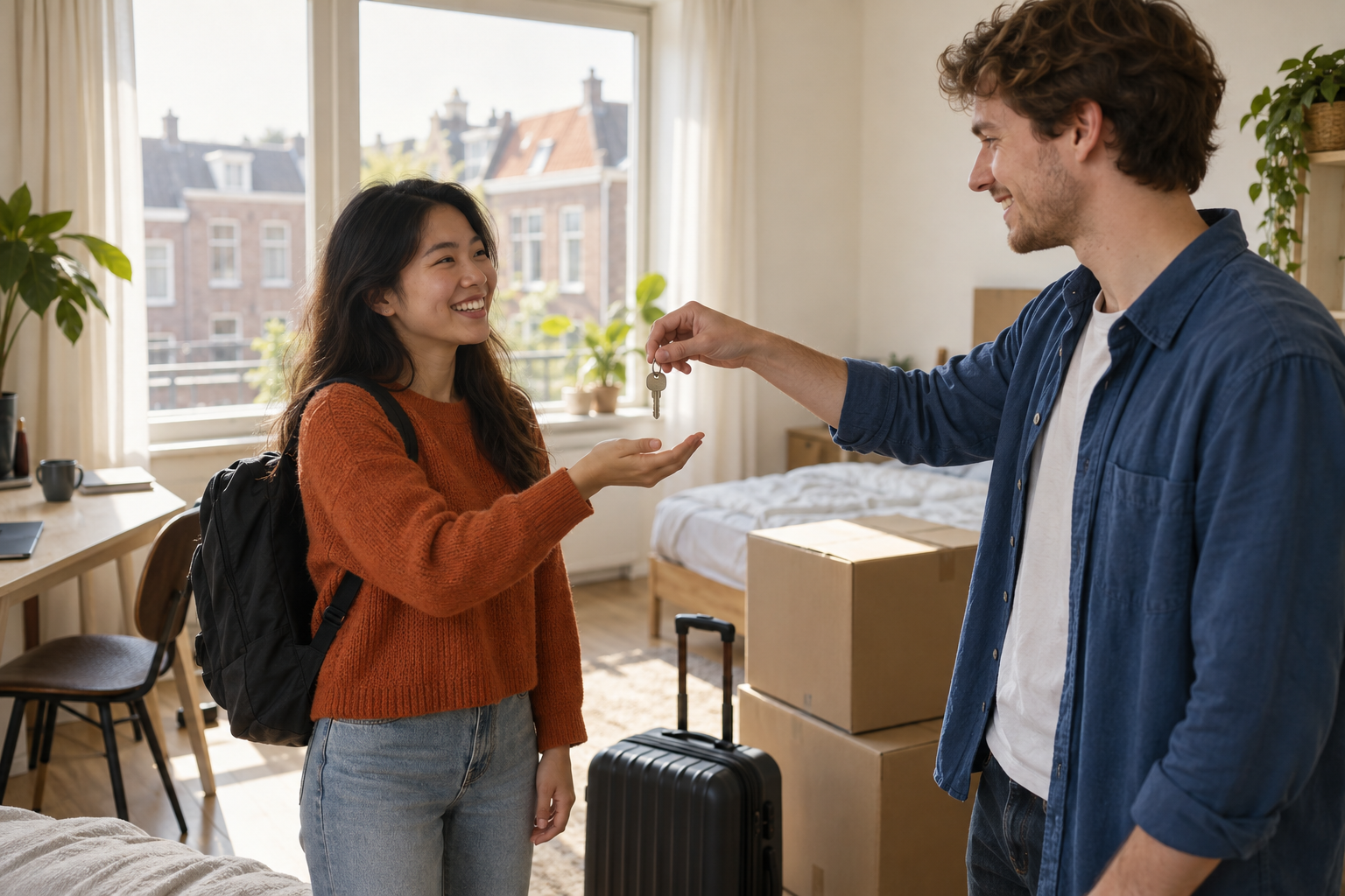 A young woman with a backpack receiving a set of keys from a young man in a bedroom, with moving boxes and a suitcase nearby, bright sunlight coming through large window.