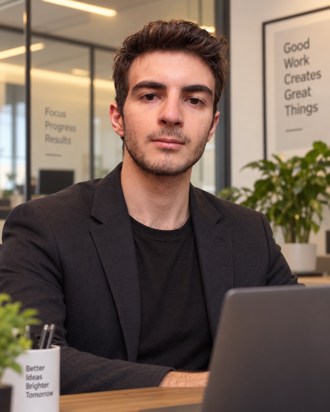 A young man with short dark hair and light facial hair, wearing a black blazer over a black shirt, sitting at a desk with a laptop in what appears to be an office environment.