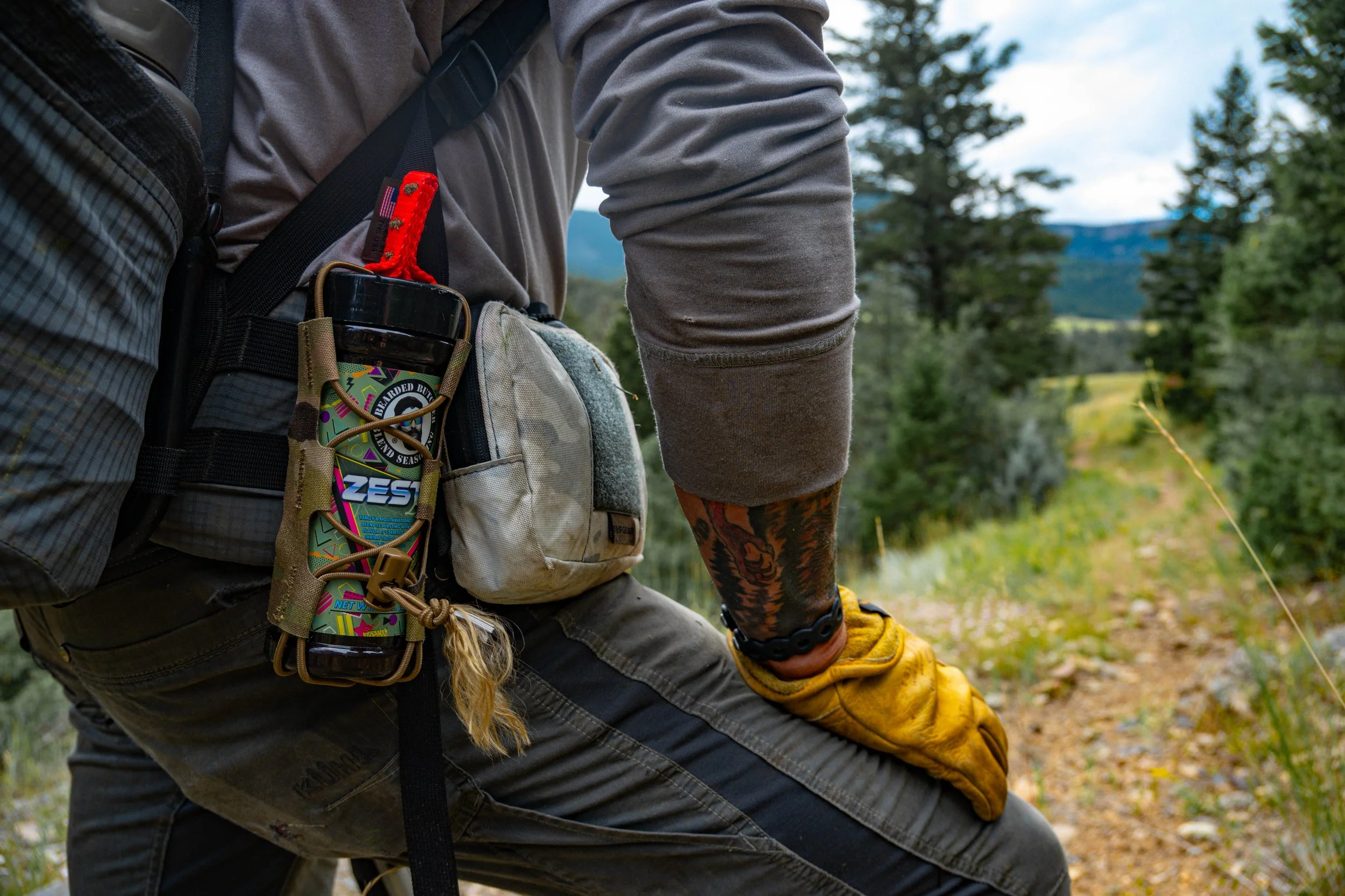 A hiker outdoors wearing a gray long sleeve shirt, with a water bottle and colorful snack pouch attached to their beige backpack, standing on a trail with trees and mountains in the background.