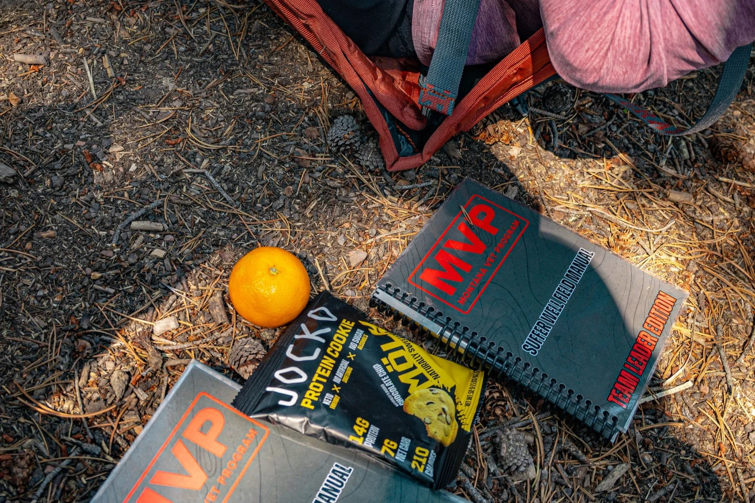 A flat lay of camping and outdoor reading materials on forest ground, including a Garmin inReach Pro device, a magazine, a book about cooking and outdoor adventure, an orange, and pinecones.