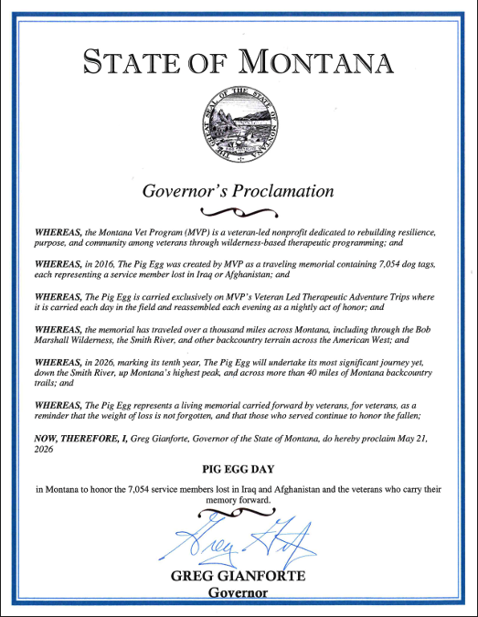 Proclamation from the State of Montana recognizing Pig Egg Day, signed by Governor Greg Gianforte.
